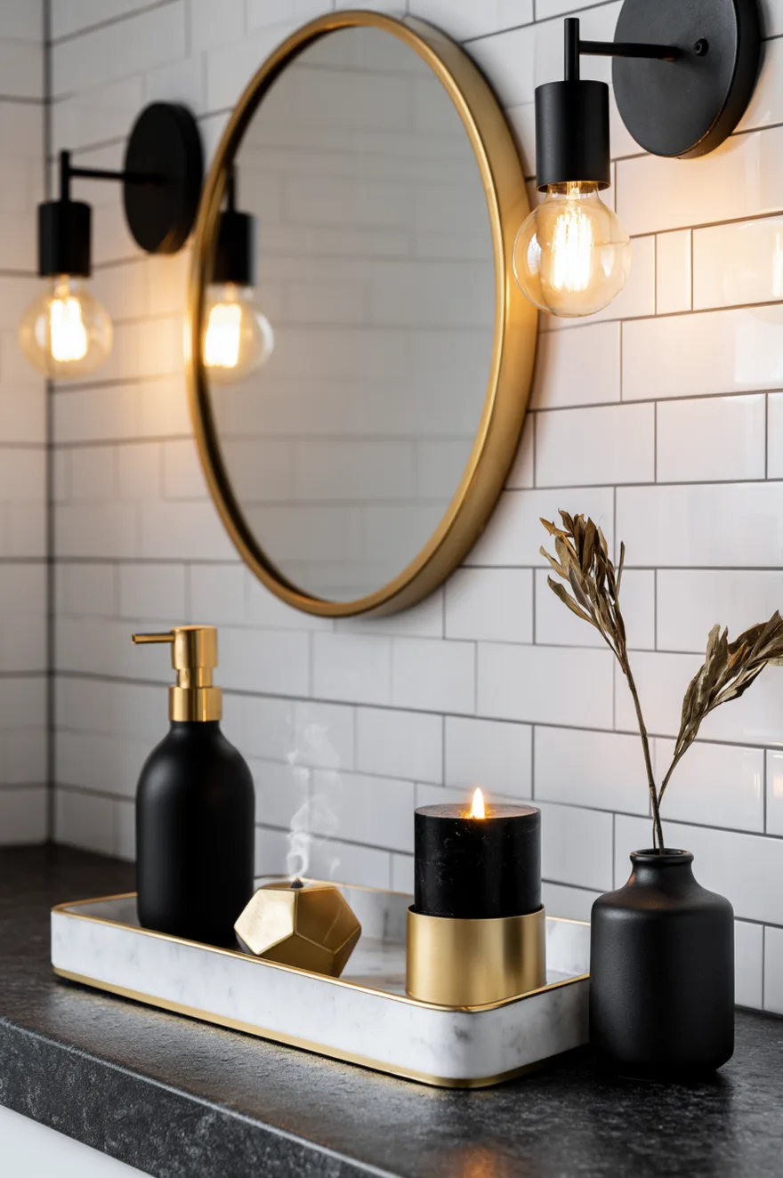 Round gold mirror, white subway tile, and black wall sconces above a black countertop. A marble tray with gold trim holds a black soap dispenser, gold incense burner with smoke, and a black candle next to a black vase with dried leaves.