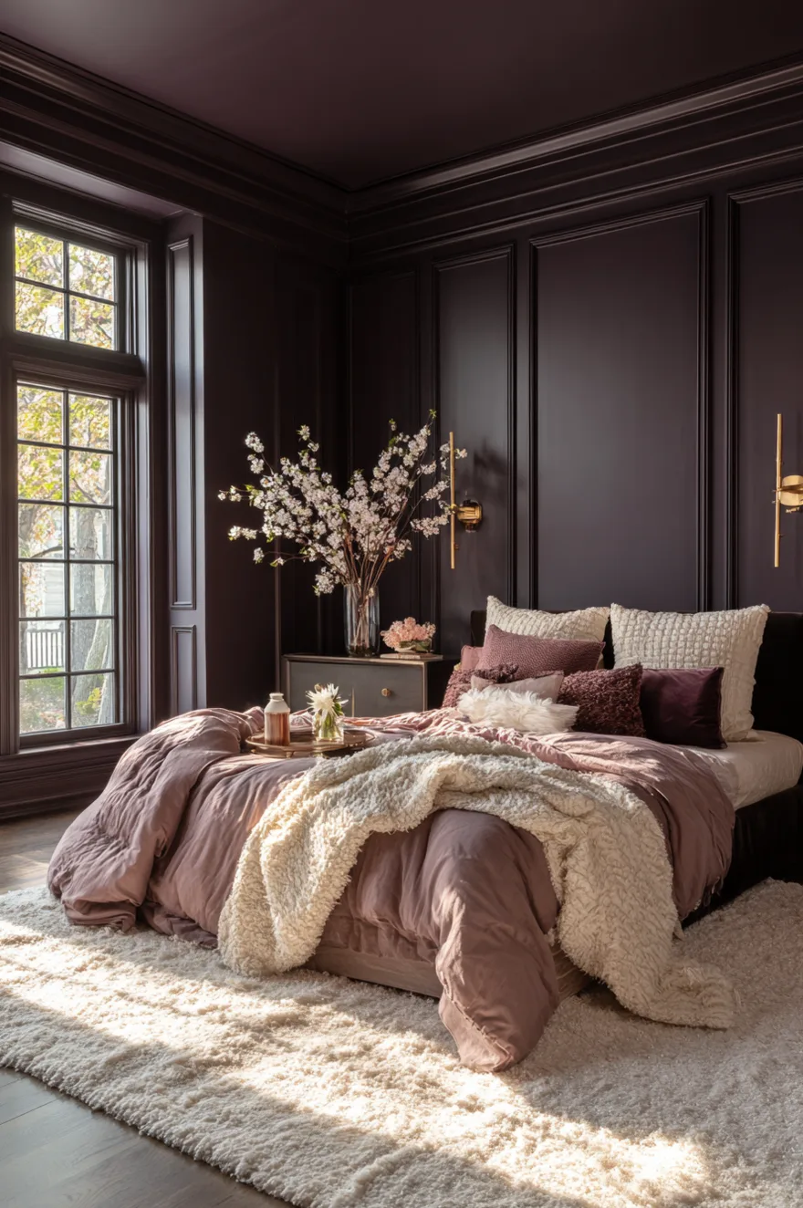 Deep purple paneled bedroom walls with elegant molding, brass wall sconces, dusty rose bedding, and a large glass vase of white cherry blossoms.