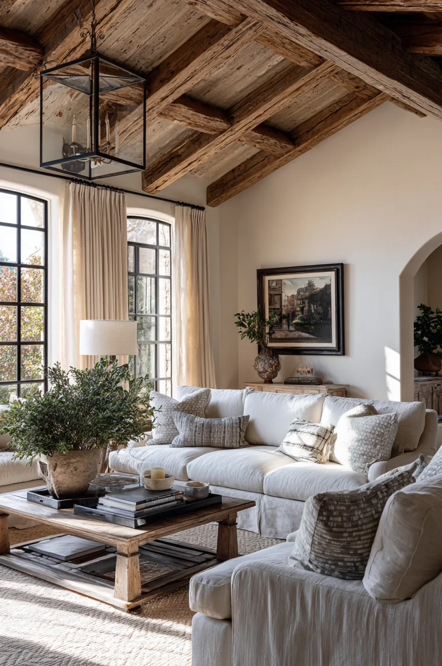 A French country living room featuring heavy, rustic exposed wood ceiling beams and a large black metal lantern chandelier. A soft white slipcovered sofa is adorned with neutral patterned pillows, situated near large black-framed windows with cream drapery. A rustic wood coffee table holds books and a large green plant in a stone pot.