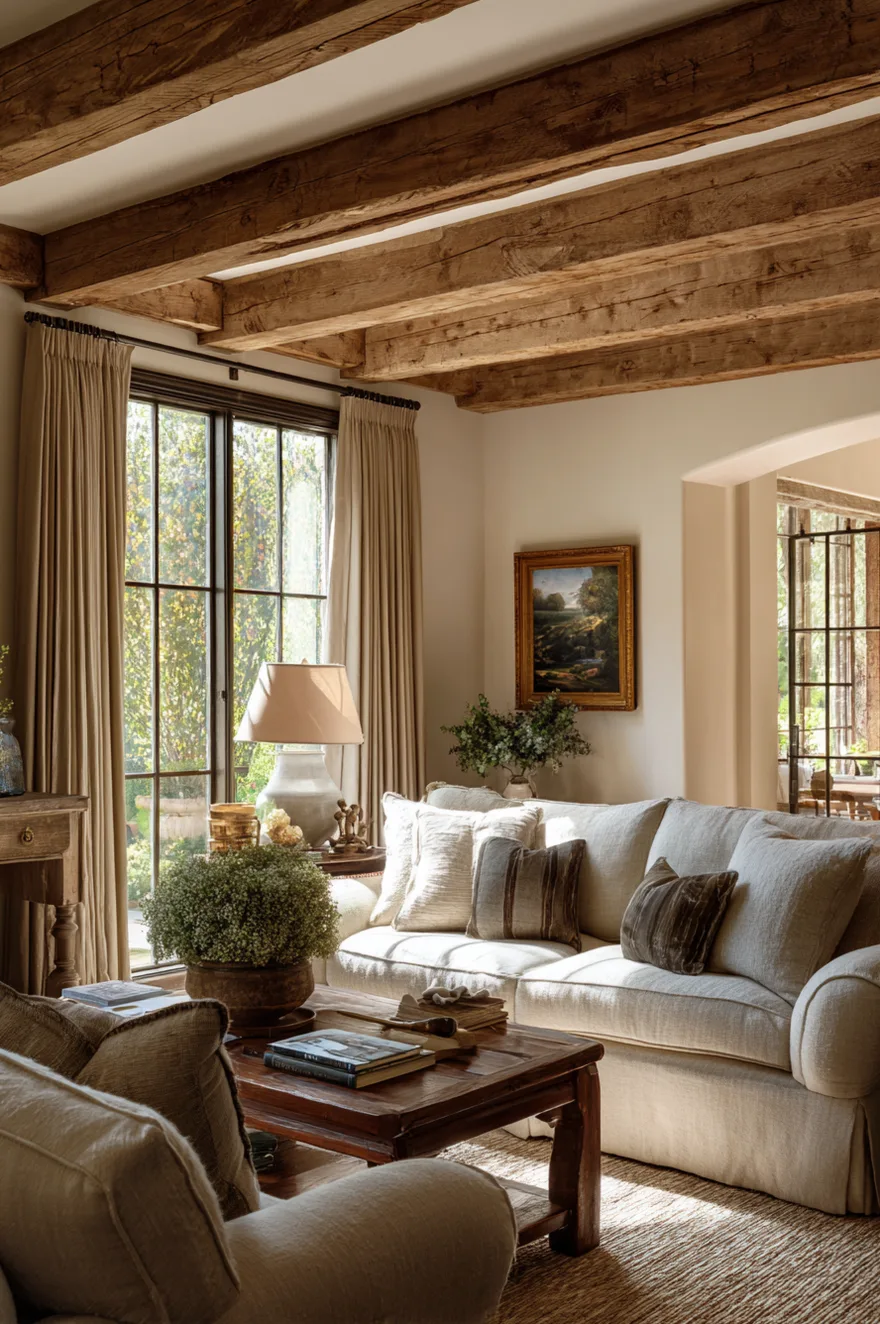 A warm living room with thick timber ceiling beams and a neutral color palette. A cream-colored sofa sits on a jute rug next to a large window with beige curtains. A traditional landscape painting in a gold frame hangs on the wall, and a large green plant sits on a dark wood coffee table in the foreground.