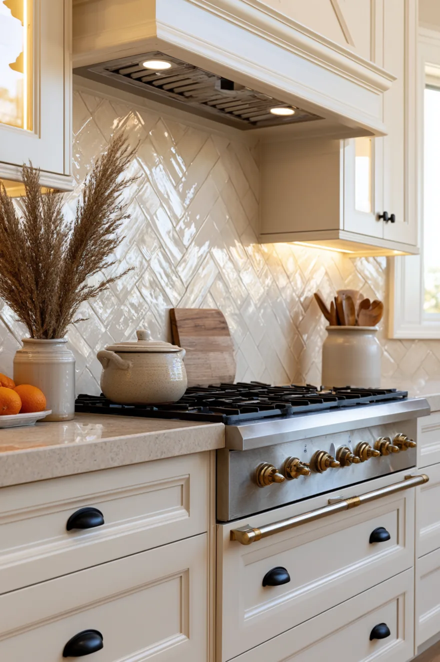 Glossy cream ceramic tiles arranged in a herringbone pattern on a kitchen backsplash behind a stainless steel gas range with brass control knobs.