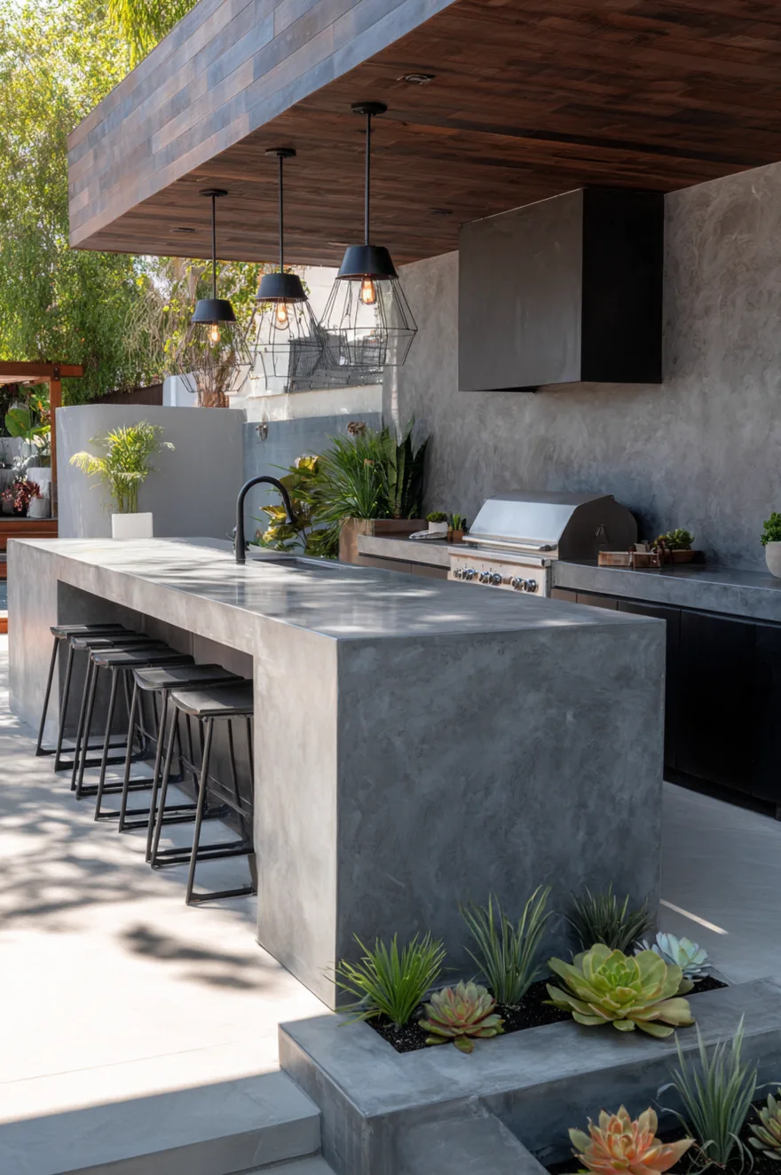 Modern outdoor kitchen with polished grey concrete island, matching concrete countertops, built-in stainless steel grill, black linear pendant lights, and integrated planters with green succulents.