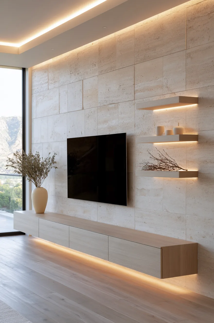 Off-white travertine stone tile accent wall with a wall-mounted flat screen television. Three light wood floating shelves with warm integrated under-shelf LED lighting sit to the right, holding white ceramic vases and dried branches. Below, a long, low-profile floating light oak media console features warm under-cabinet LED strip lighting skimming the light wood floors. A large cream-colored ceramic floor vase with olive branches sits on the left. High ceilings and a large window overlooking a mountain landscape are visible on the far left.