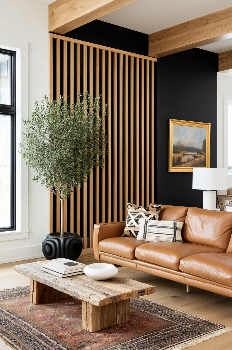 Natural wood slat partition wall against matte black painted wall with tan leather sofa and potted olive tree.