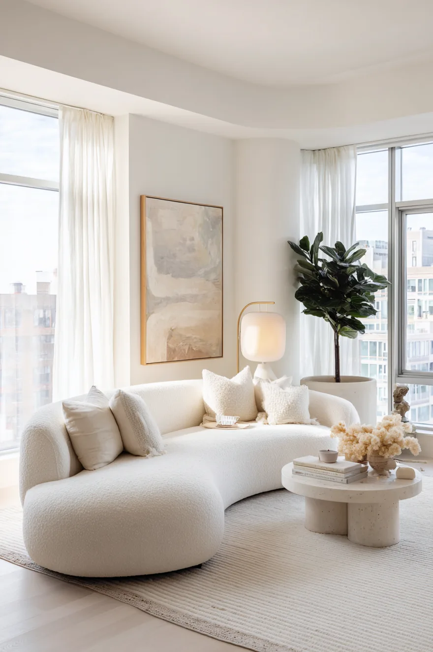 Modern white living room featuring a curved white boucle sofa and abstract art next to a large fiddle leaf fig.