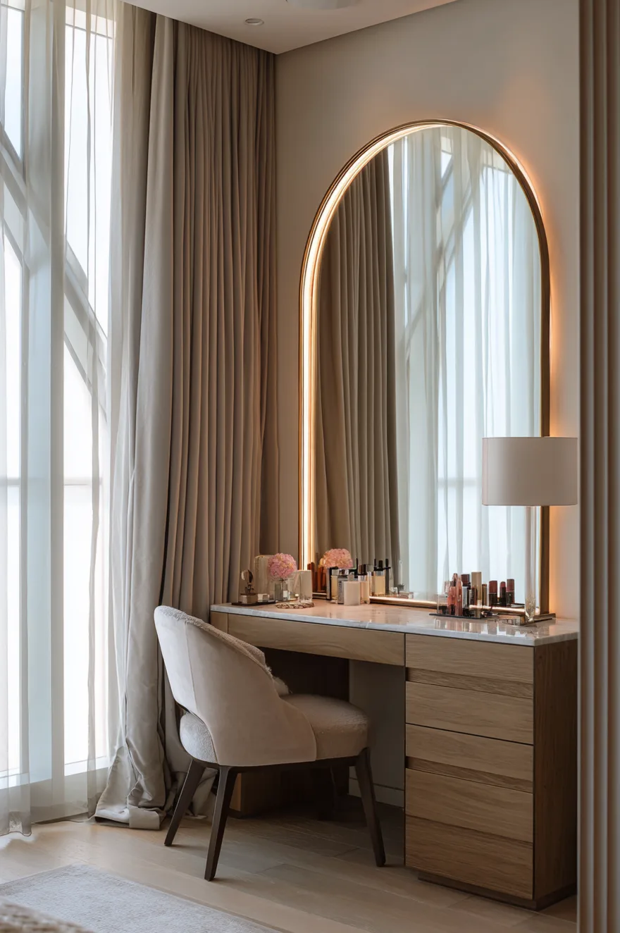 A makeup vanity setup positioned next to floor-to-ceiling windows with sheer curtains. The wooden vanity features a white countertop and is paired with a beige upholstered chair. A tall, arched mirror with warm perimeter lighting dominates the space, reflecting the room. Various makeup products and a small table lamp sit on the counter.