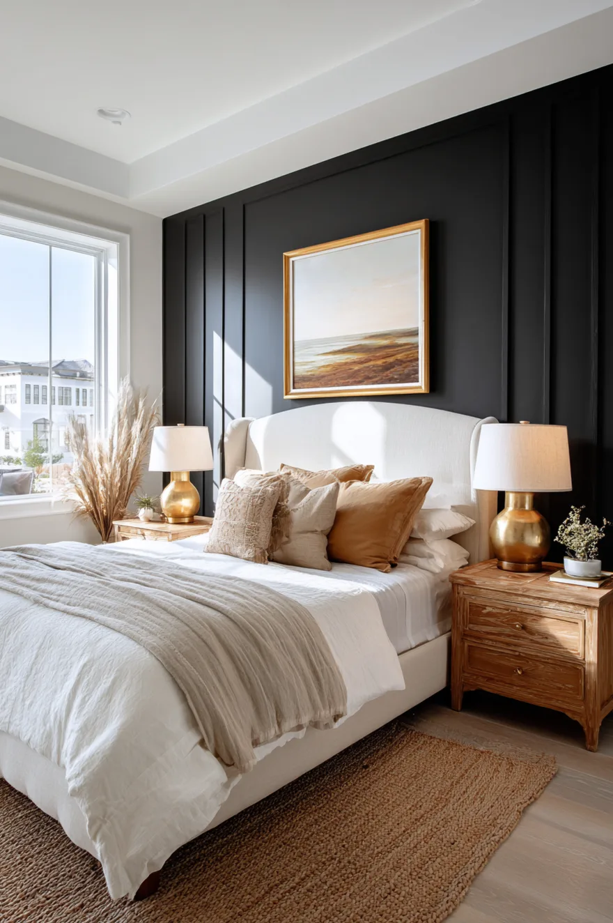 A bedroom featuring a black paneled accent wall behind a white upholstered bed with cream and camel pillows, flanked by warm wood nightstands and gold table lamps.
