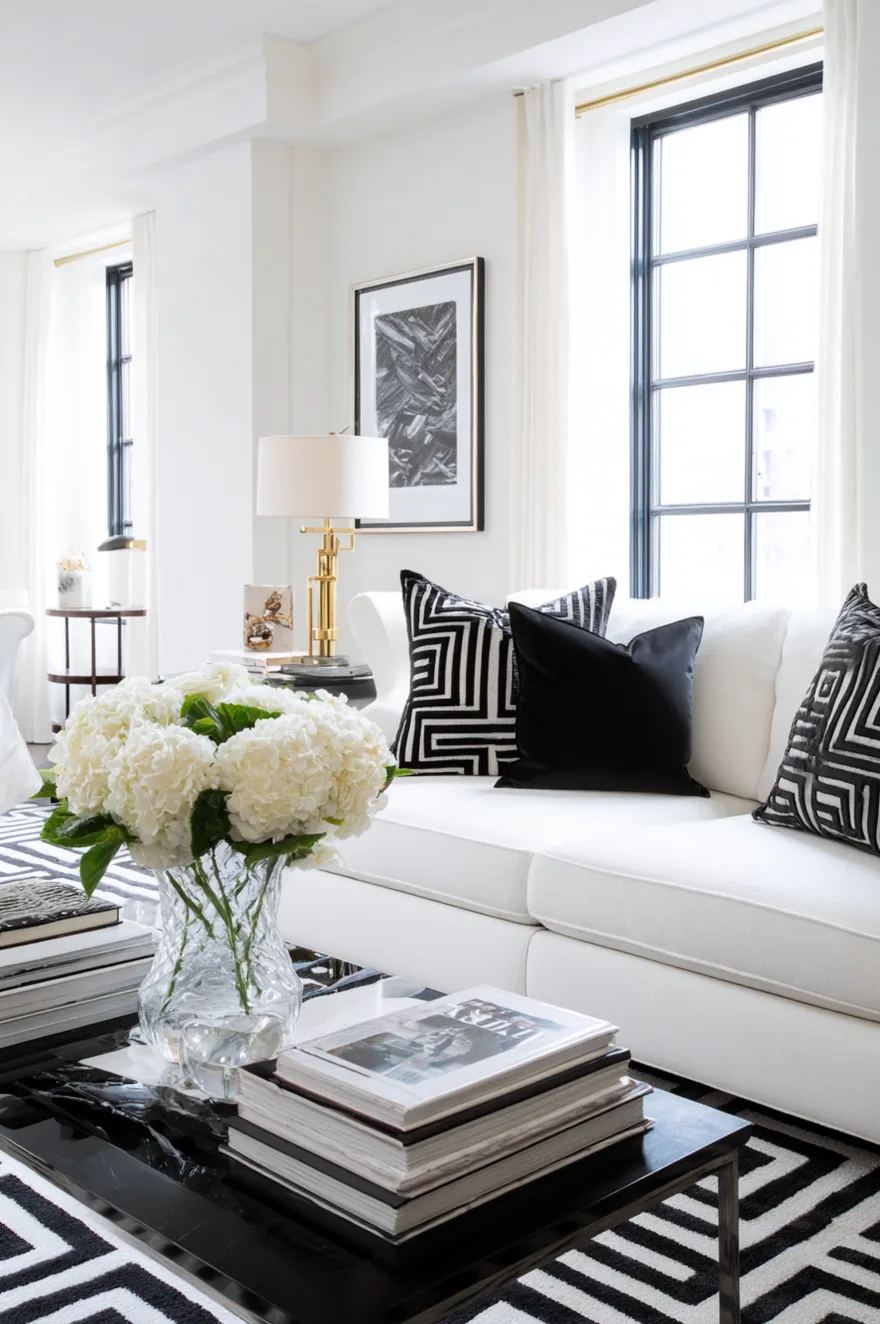 White sofa adorned with black and white geometric velvet pillows sits on a bold black and white patterned rug. A high-gloss black coffee table in the foreground holds stacked books and a crystal vase filled with white hydrangeas. A brass table lamp and black-framed windows complete the bright living space.