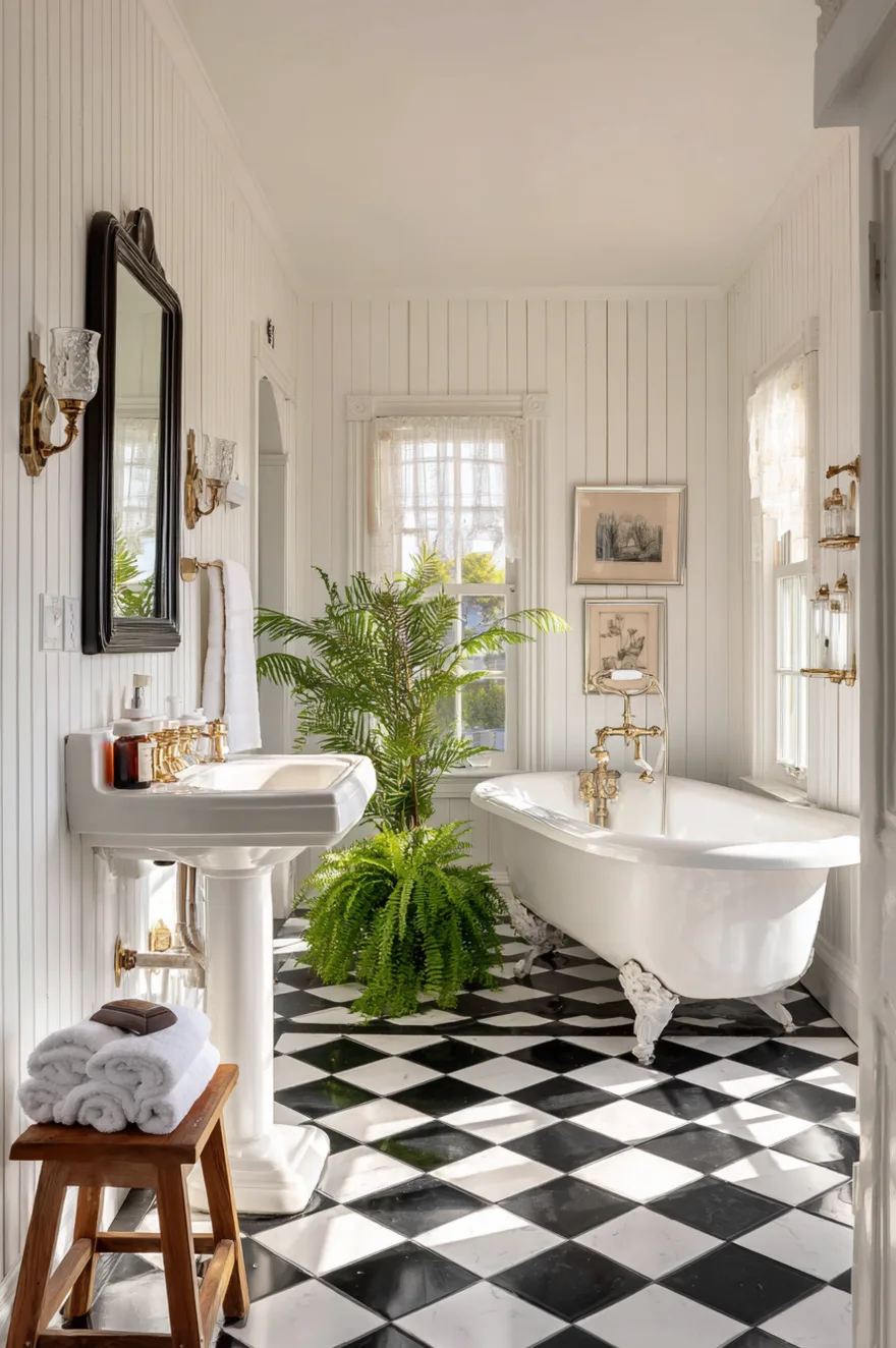A bathroom featuring a classic black and white checkerboard floor tile pattern, a white freestanding tub, and a small wooden stool.