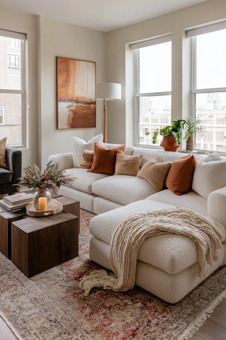 A bright living room featuring a textured cream boucle sectional sofa with rust and tan throw pillows, paired with two dark wood block coffee tables and large windows.