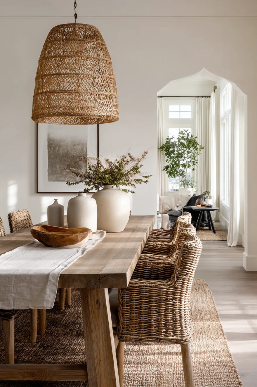 Organic modern dining room featuring a wood table layered with rattan chairs, linen napkins, and a ceramic vase.