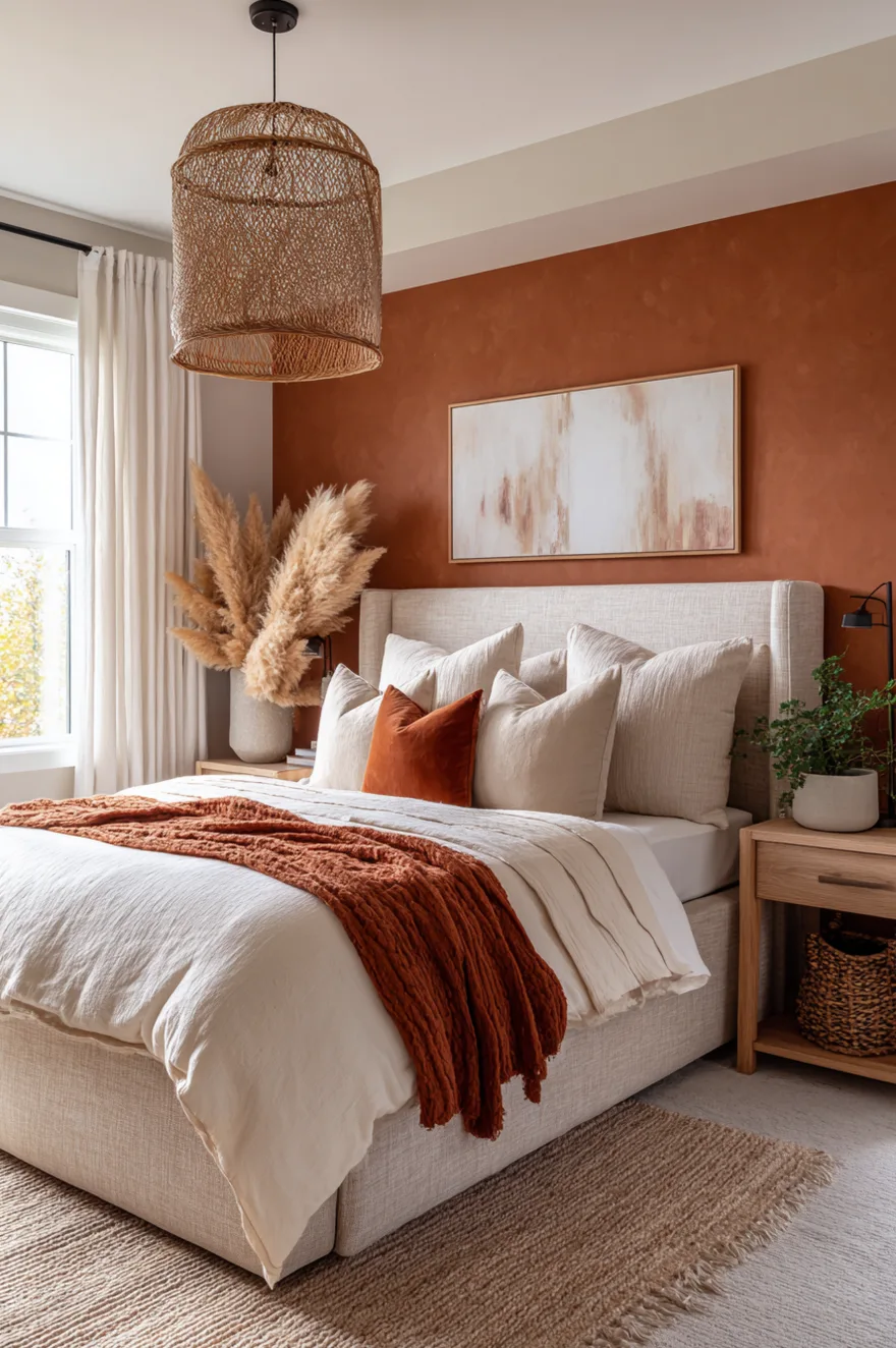Earthy bedroom featuring a rust terracotta accent wall, a beige upholstered headboard with cream and rust pillows, and a large woven pendant light hanging above the bed.