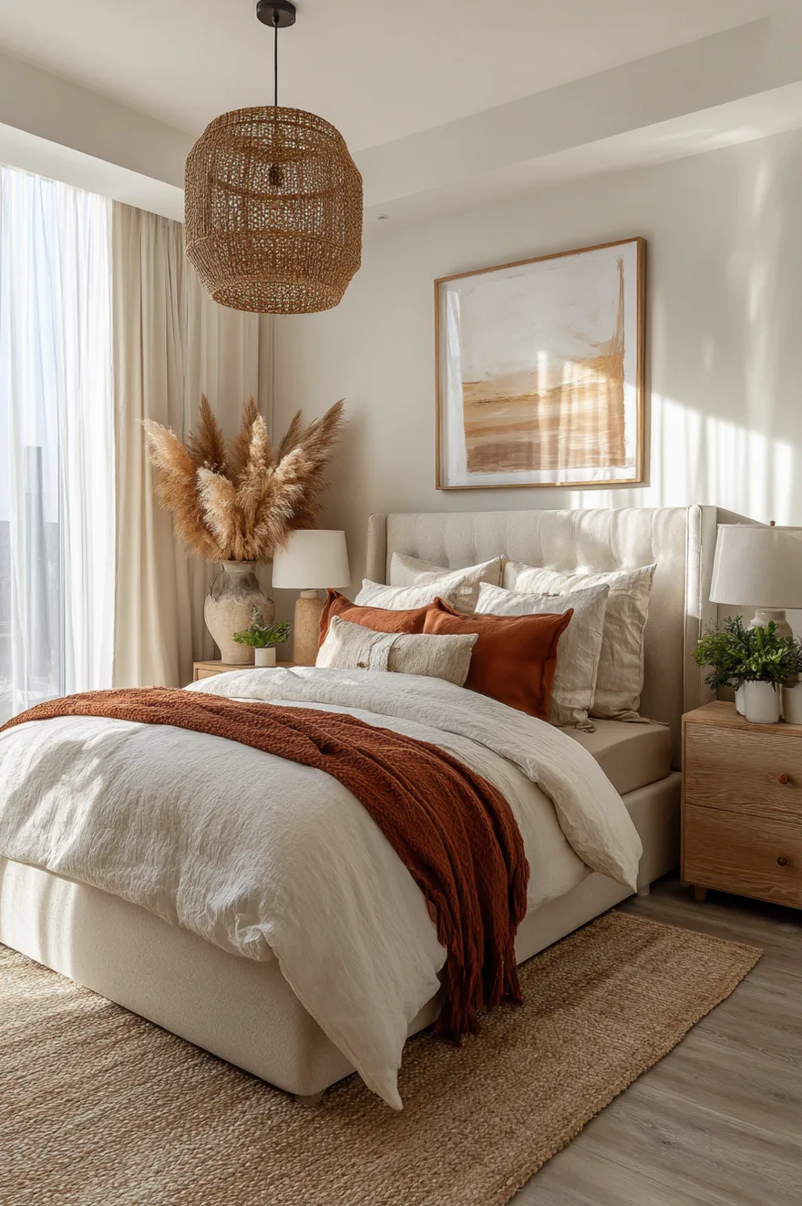 Cozy neutral bedroom with a beige upholstered bed, crisp white walls, a rust-colored throw blanket, and a woven rattan pendant light beside a large piece of abstract art.