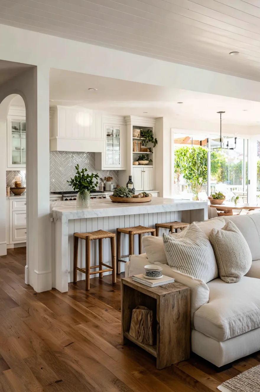 A bright white kitchen featuring a marble peninsula with wood and woven stools facing a living room with a white slipcovered sofa and rustic wood side table.