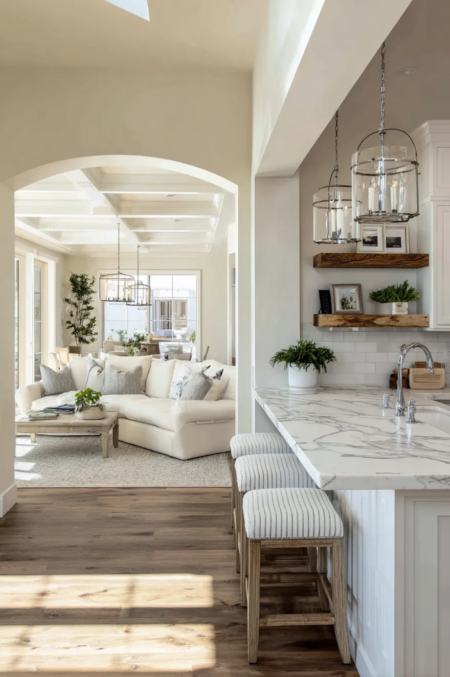 A view from a kitchen looking into a bright living area, showing a marble counter with striped stools, glass lantern pendants, and a white sofa in the background.