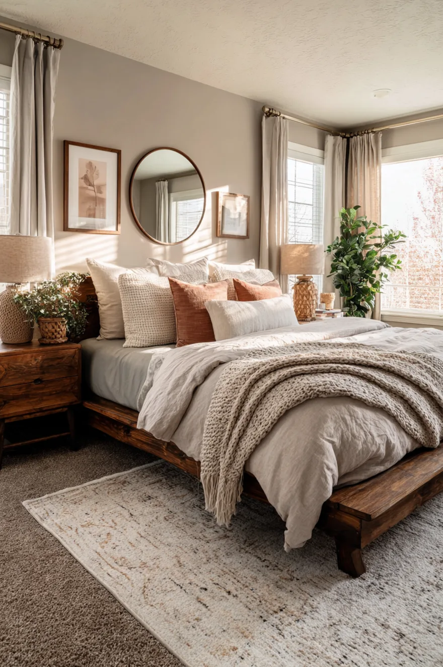 Eclectic master bedroom blending rustic wood bed frame with modern round mirror and soft neutral bedding.