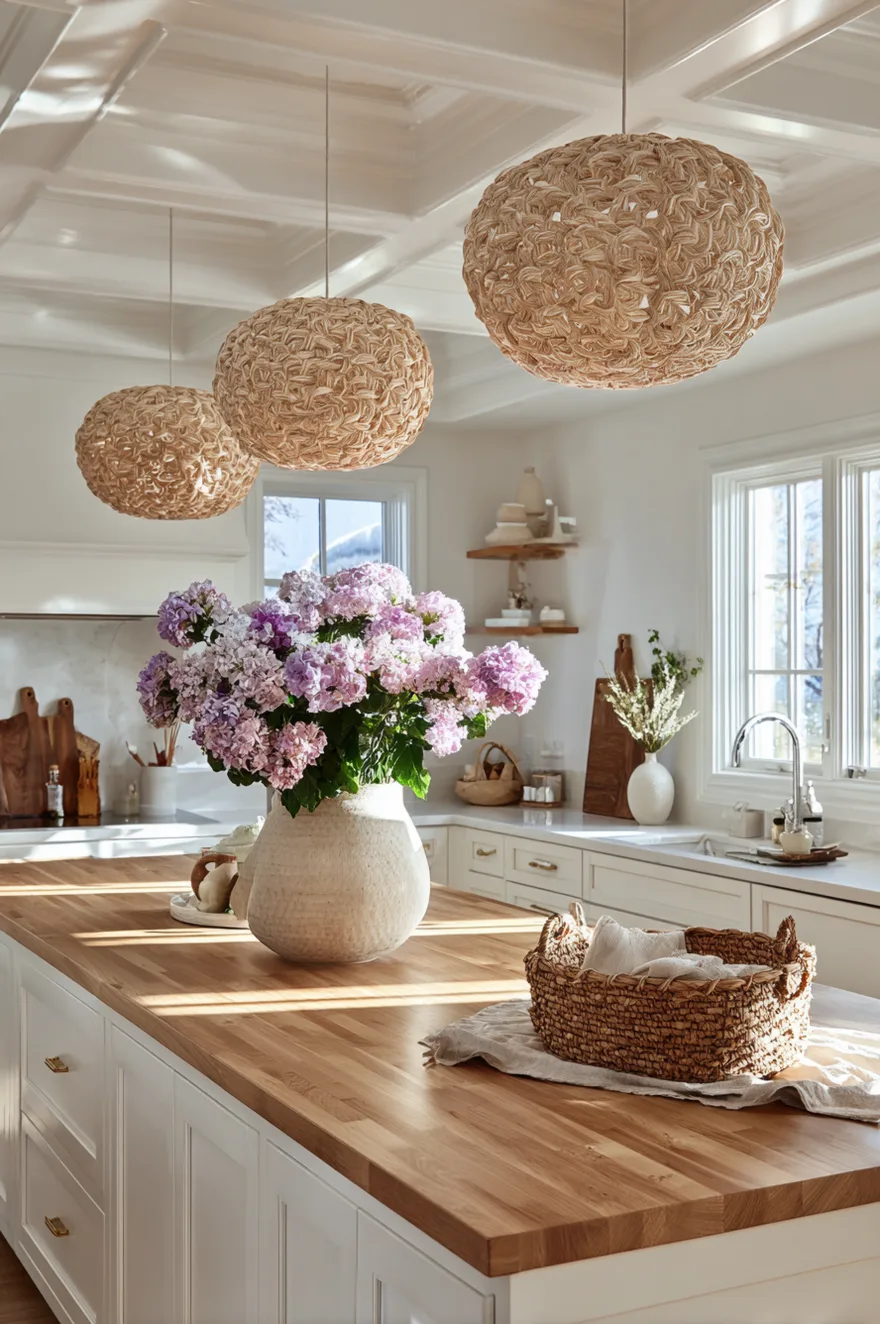 Woven boho kitchen pendant lights over island in a bright white kitchen with fresh flowers.