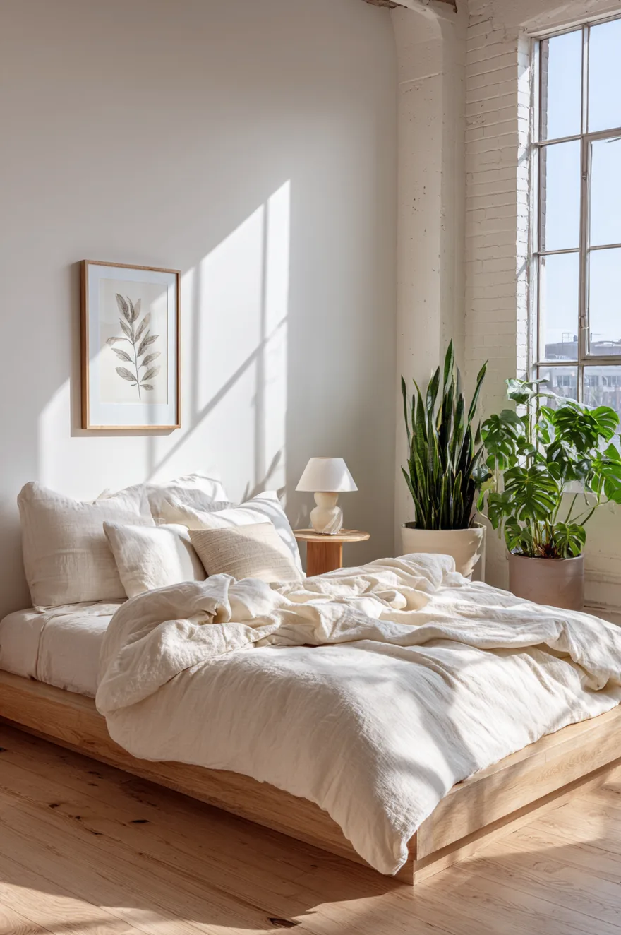 A bright bedroom featuring a low profile light wood bed frame with textured white and cream linen bedding. Strong natural sunlight streams through a large multi-paned window, casting distinct angular shadows across the white walls and floor. A minimal wood nightstand holds a small white lamp, positioned next to large, lush green potted plants.