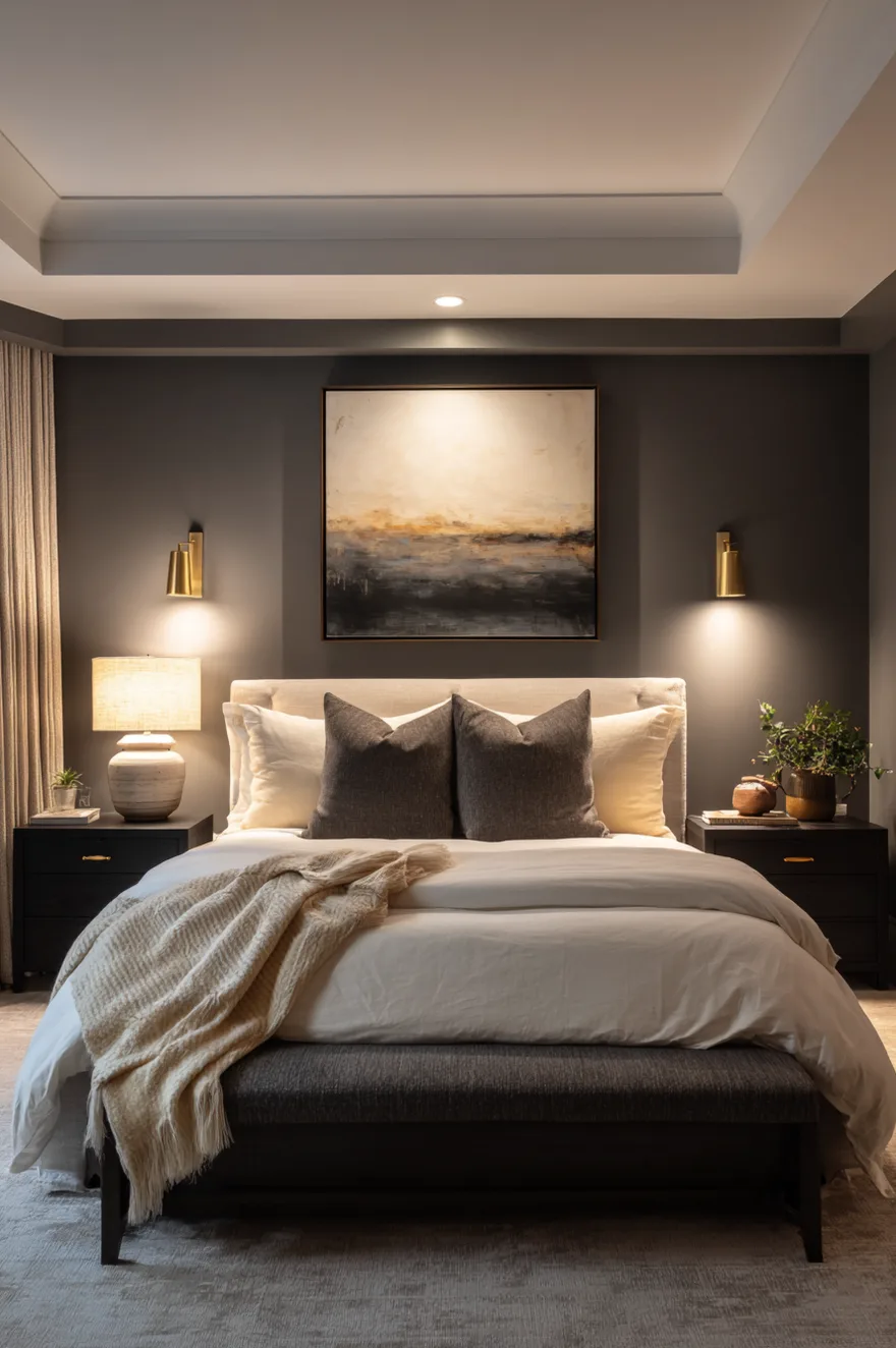 Dark grey master bedroom featuring a large abstract painting over a bed with white linens and dark grey accent pillows. Black nightstands flank the bed, illuminated by brass wall sconces and a ceramic table lamp. A grey upholstered bench sits at the foot of the bed.