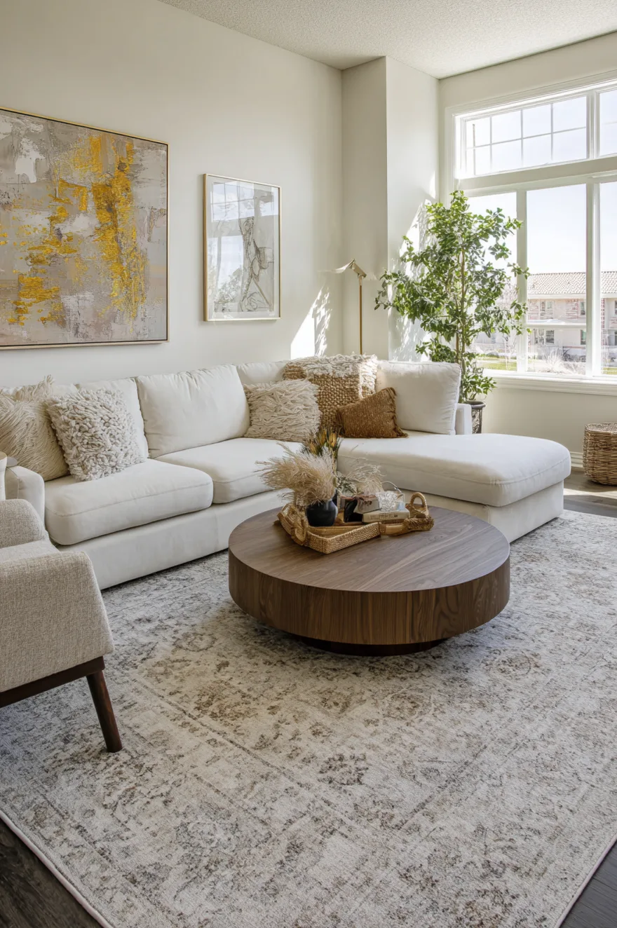 A spacious living room featuring a large light grey textured area rug placed under a white sectional sofa and a round wooden coffee table.