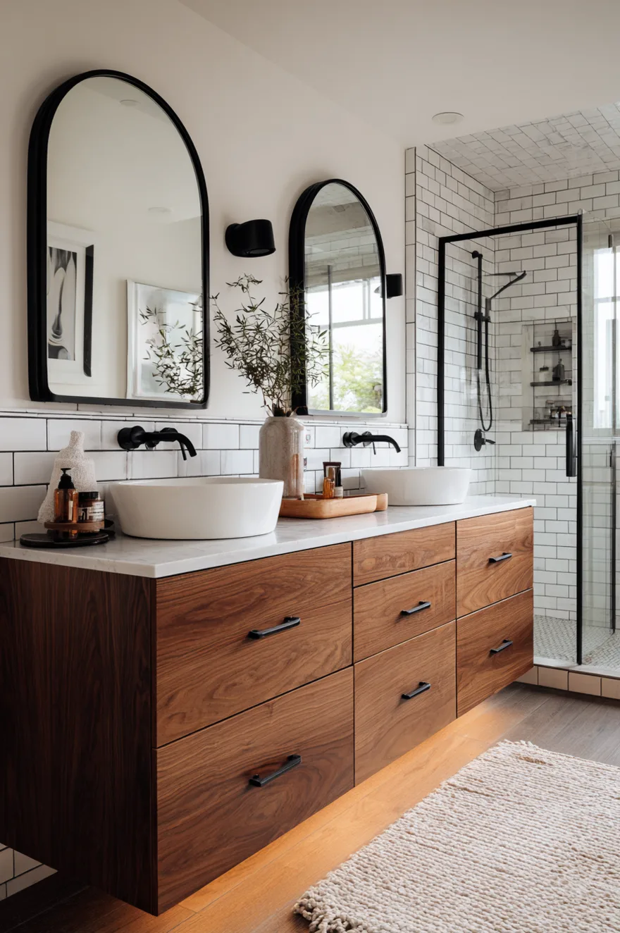 A modern bathroom featuring a floating walnut wood double vanity with soft-close drawers. Two white vessel sinks sit on a white countertop, accompanied by matte black wall-mounted faucets and two black arched mirrors. A glass-enclosed shower with white subway tile is visible in the background.