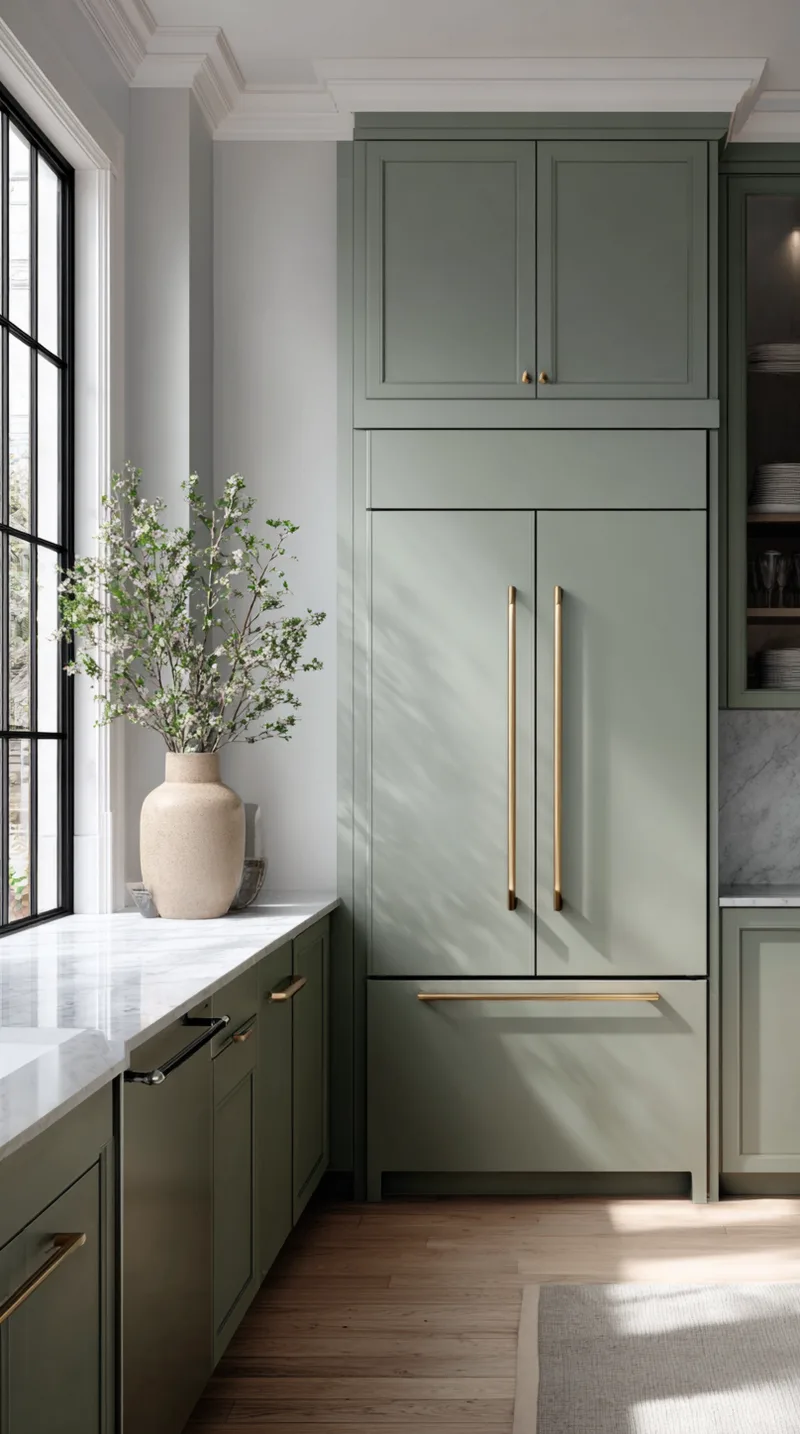 Modern sage green kitchen cabinets with panel-ready refrigerator and dishwasher hidden behind doors.