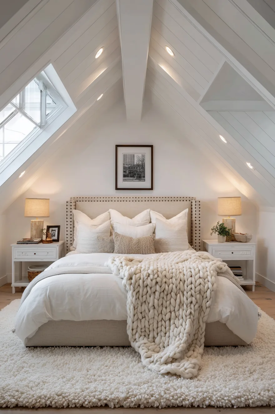 A cozy attic bedroom featuring a large bed positioned directly under the highest peak of a white vaulted ceiling. The bed is styled with white pillows and a chunky knit blanket, flanked by two white nightstands with warm table lamps. A small angled window lets in natural light on the left side of the room.