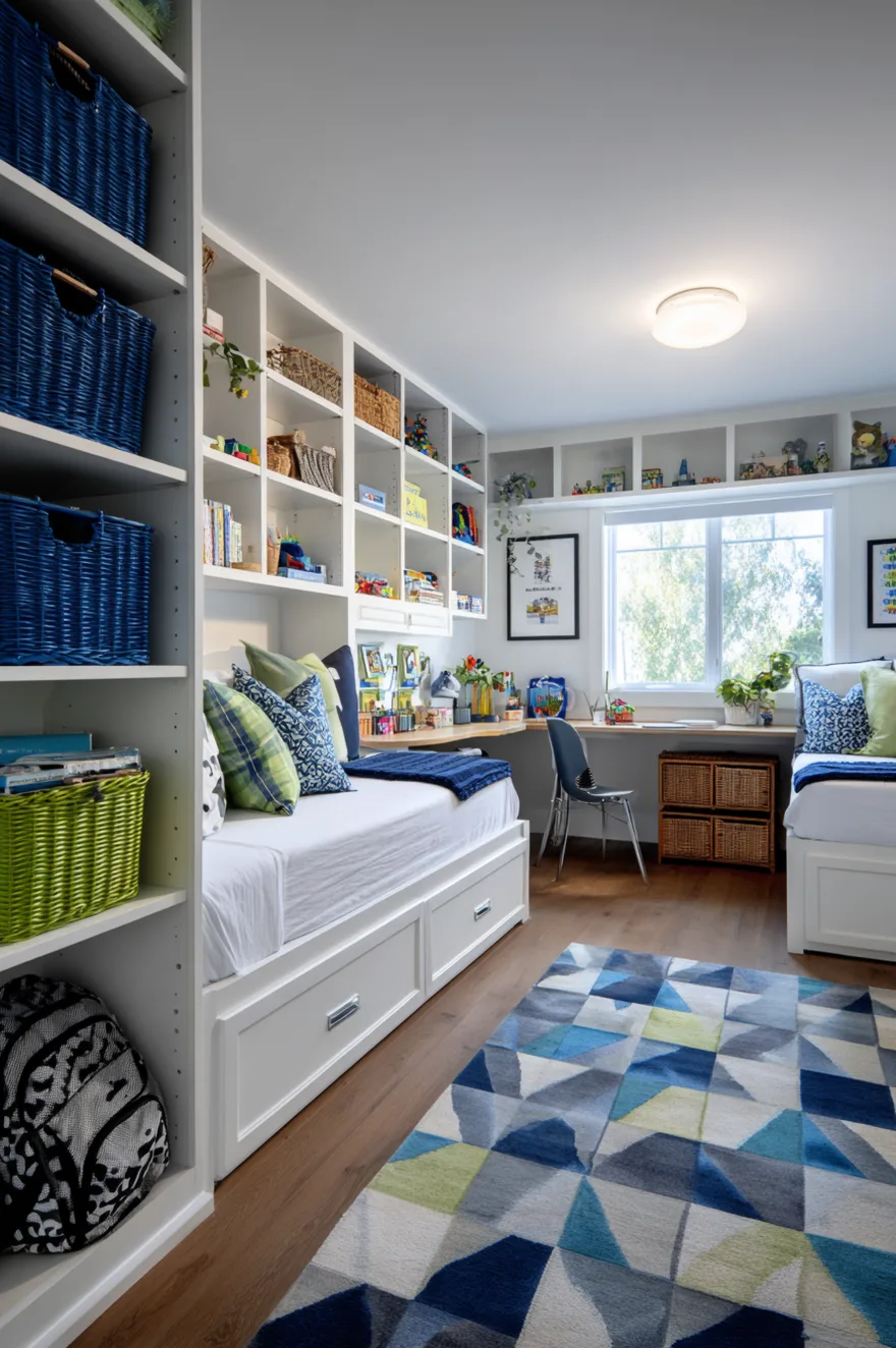 A bright shared boys bedroom featuring two dark wood twin beds with green blankets, separated by a tall dark wood shelving unit filled with organized storage bins and books.