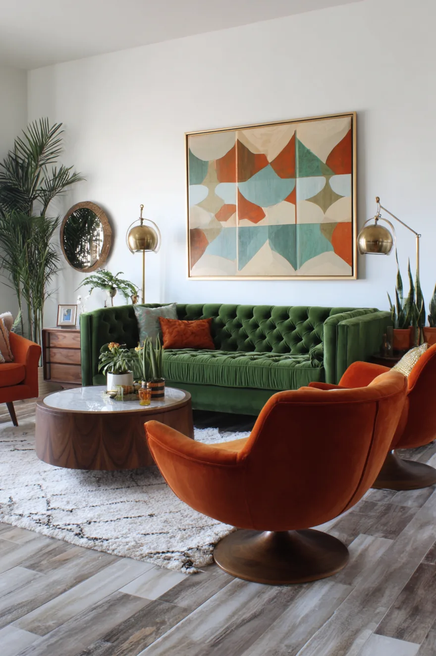 A mid-century modern living room featuring a green tufted velvet sofa paired with two bright orange swivel lounge chairs. A round wood coffee table sits on a textured white rug, and a large geometric abstract painting hangs above the sofa.