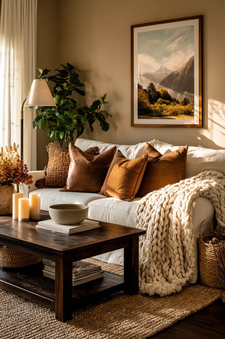 A bright living room featuring a cream sofa, a brown leather accent chair, and a round light wood coffee table on a neutral textured rug under a large abstract painting.