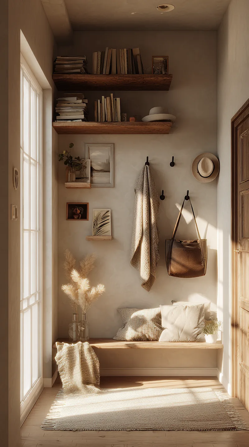 Narrow vertical shelving unit and wall hooks in a small neutral bedroom corner.