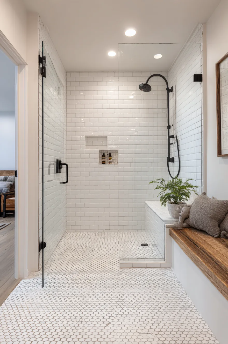 A bright walk-in shower featuring white subway tiles, a black showerhead and hardware, a frameless glass door, and white hexagon floor tiles. A wooden bench sits just outside the shower enclosure.