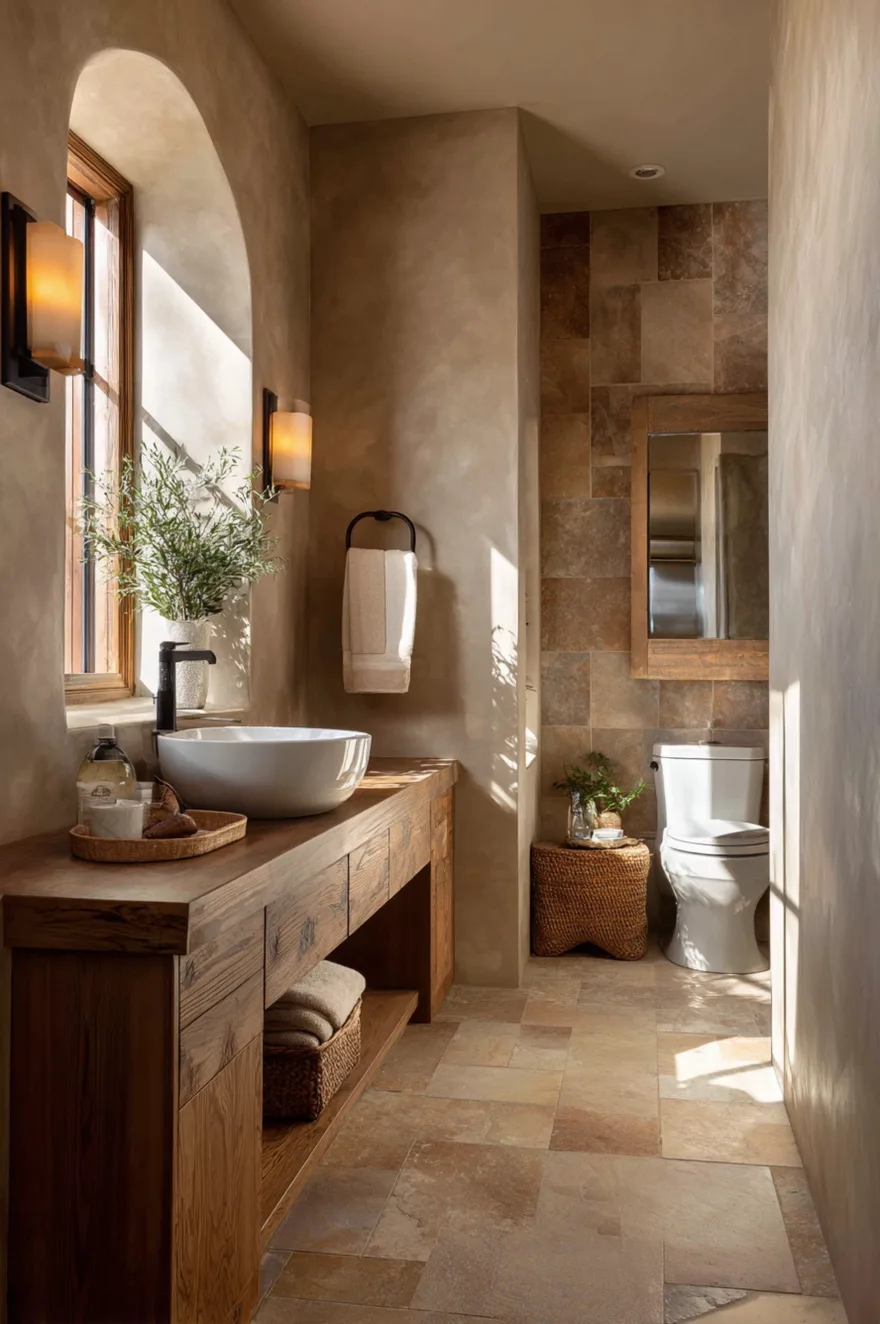 A rustic bathroom with warm beige walls, an arched window, a natural wood vanity with a white vessel sink, and travertine floor tiles.