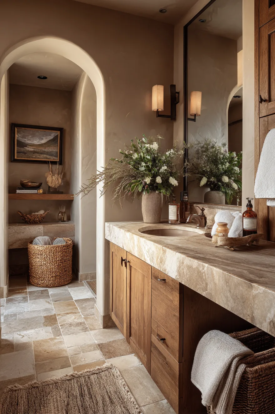 A warm taupe bathroom featuring a natural stone countertop, a wood vanity, an arched doorway, and a large wild floral arrangement next to the sink.