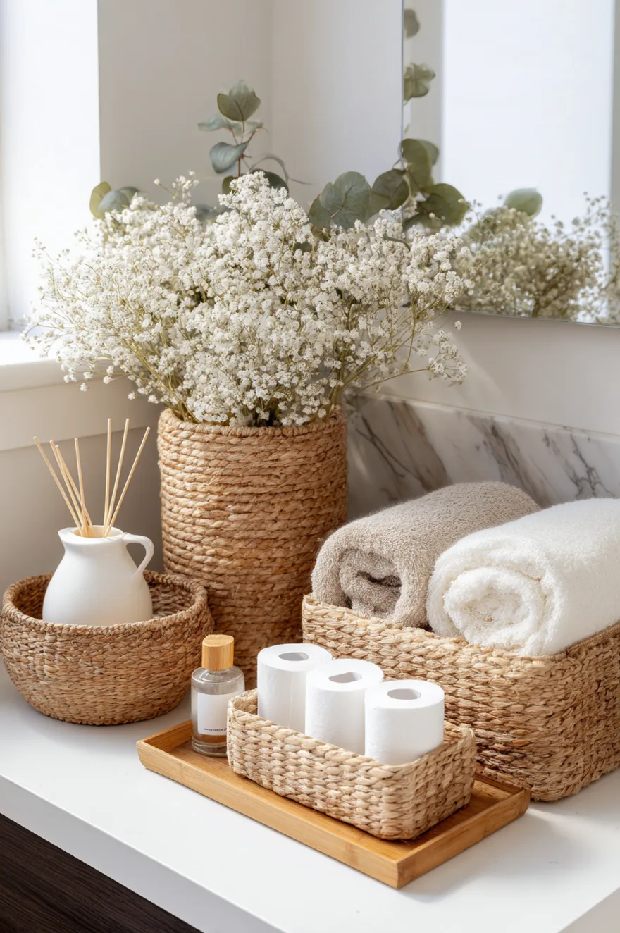 A bright bathroom corner featuring a white countertop with several woven storage containers. A tall cylindrical woven basket holds a large bouquet of white baby's breath flowers. Next to it, a shallow woven bowl sits beside a woven tray holding three rolls of toilet paper. Behind them, two rectangular woven baskets hold neatly folded white and beige towels against a white marble backsplash.