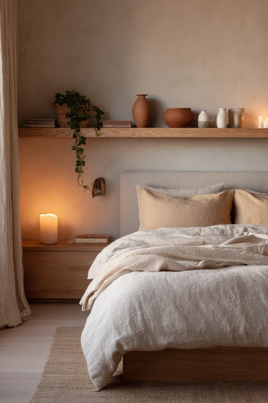Thick white oak floating shelf mounted low above a linen headboard holding terracotta ceramic vessels, trailing pothos, and a brass clip reading light.