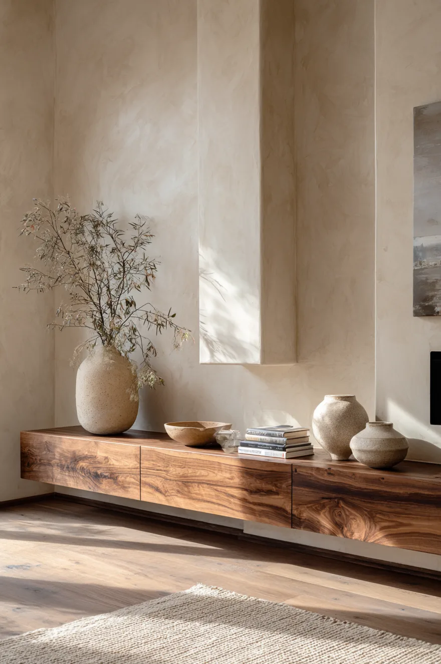 Wall-mounted walnut console with raw edge, dried stem arrangement, sculptural ceramic vessels, and linen TV panel in an organic modern living room with warm plaster walls.