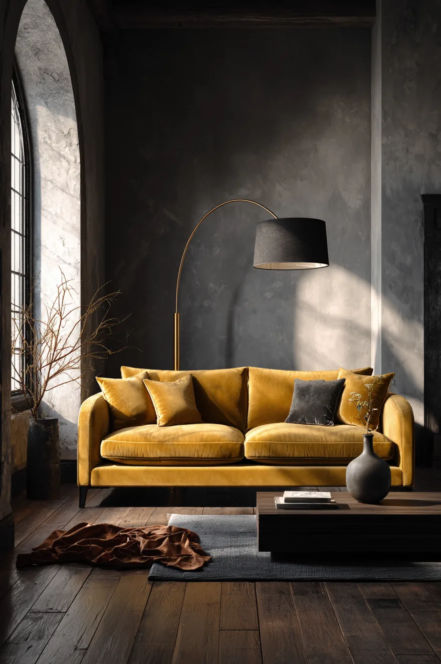 Deep mustard yellow velvet sofa against charcoal limewash plaster walls with a brass arc floor lamp and walnut coffee table in a moody living room.