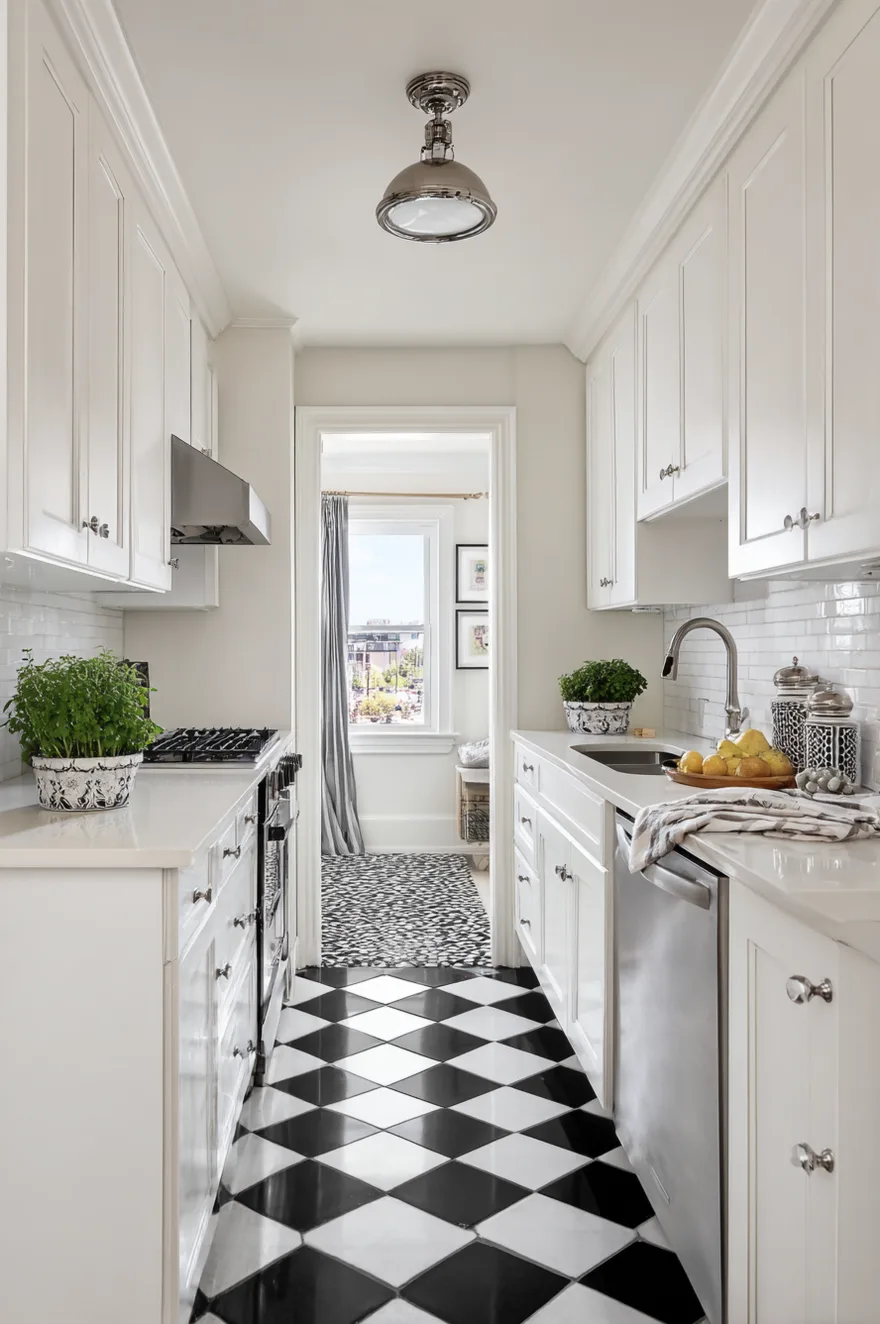 Classic black and white checkered kitchen floor in a narrow galley with gloss white shaker cabinets and brushed nickel hardware in bright natural daylight.