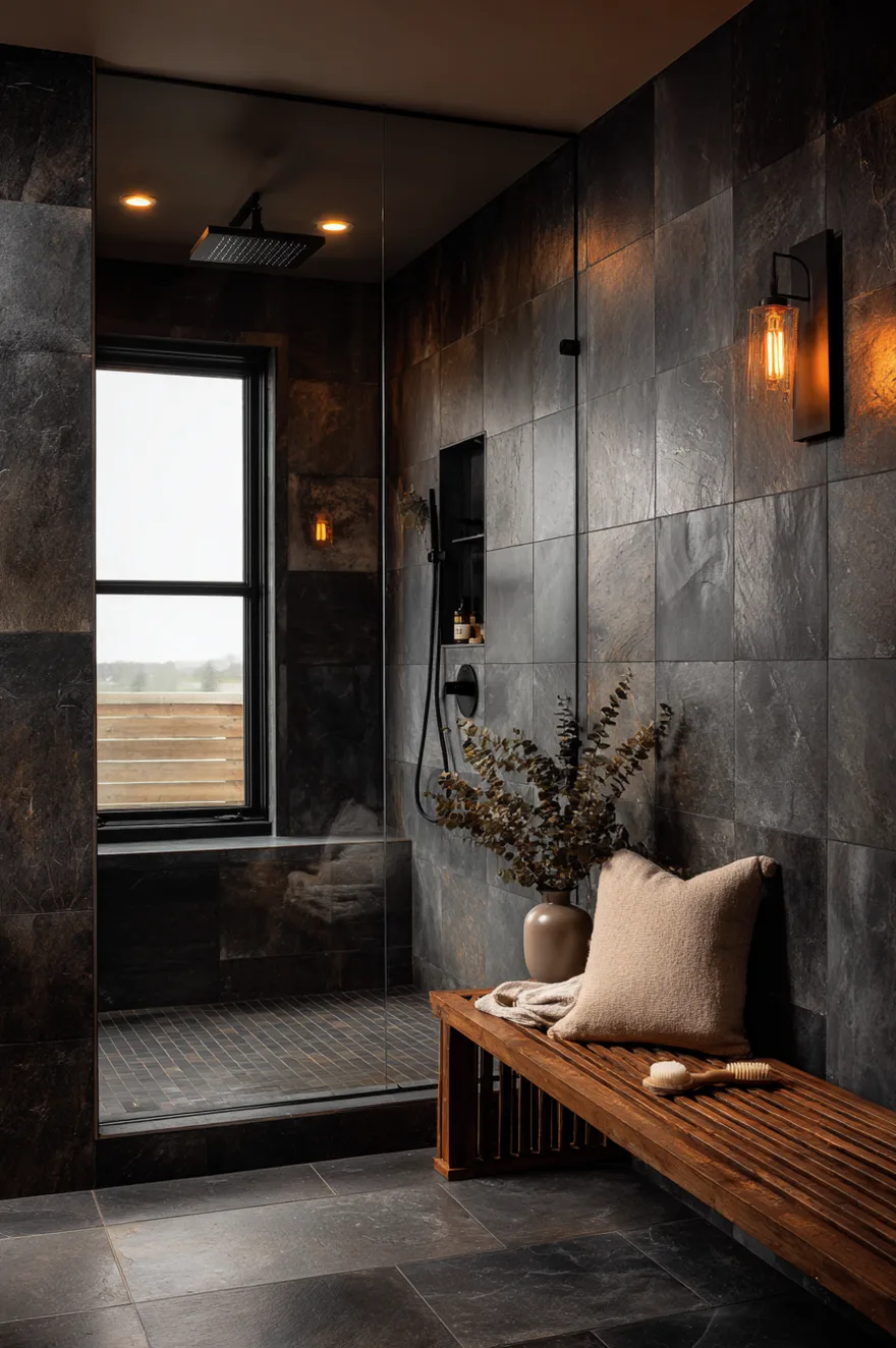 Dark charcoal slate-look porcelain walk in shower with matte black rain head, teak bench, and warm amber sconce light in a master bathroom.