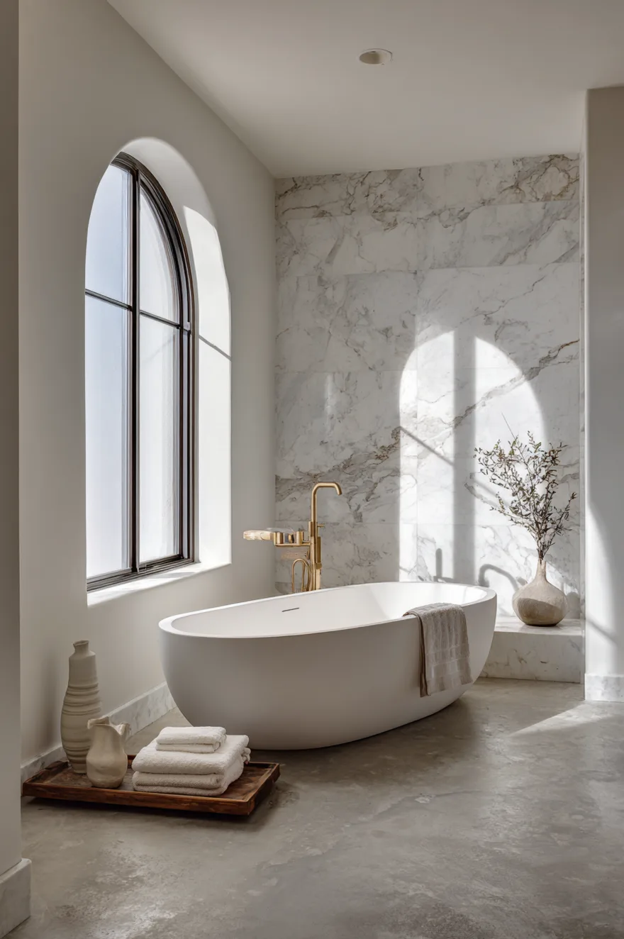 Sculptural matte-white freestanding soaking tub centered against a floor-to-ceiling Calacatta marble slab with arched window light and a concrete floor.