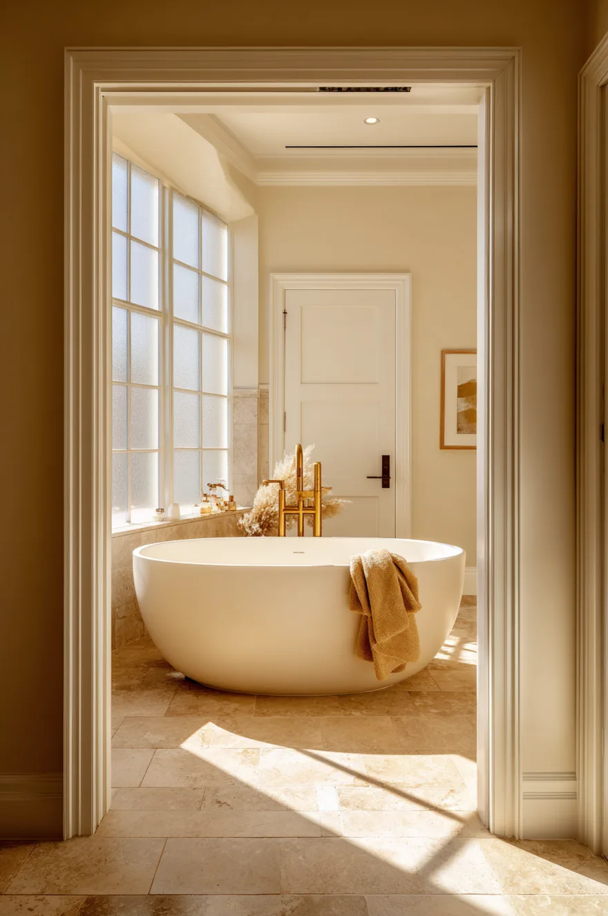 Matte white oval freestanding tub centered on large-format warm limestone tile floor with unlacquered brass freestanding filler and a draped linen towel in late-afternoon raking light.