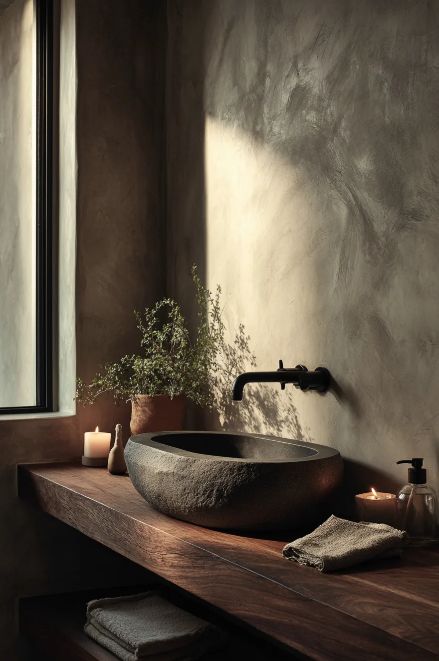 Honed basalt vessel sink on a thick walnut slab vanity against limewash walls with matte black tapware and a small terracotta plant pot in warm morning light.
