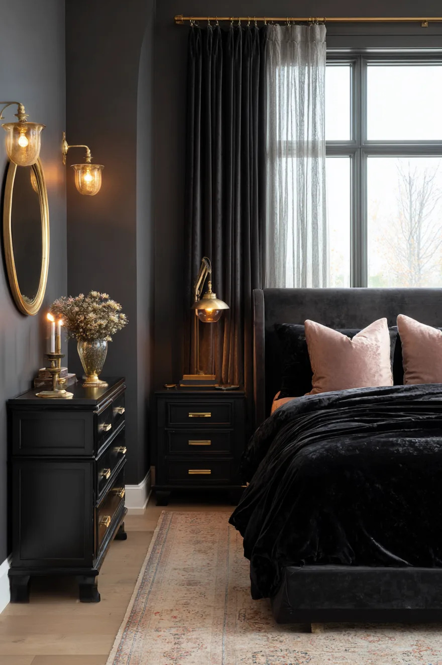A dark bedroom corner featuring black furniture with brass drawer pulls, a gold mirror, and black velvet curtains with brass rods.