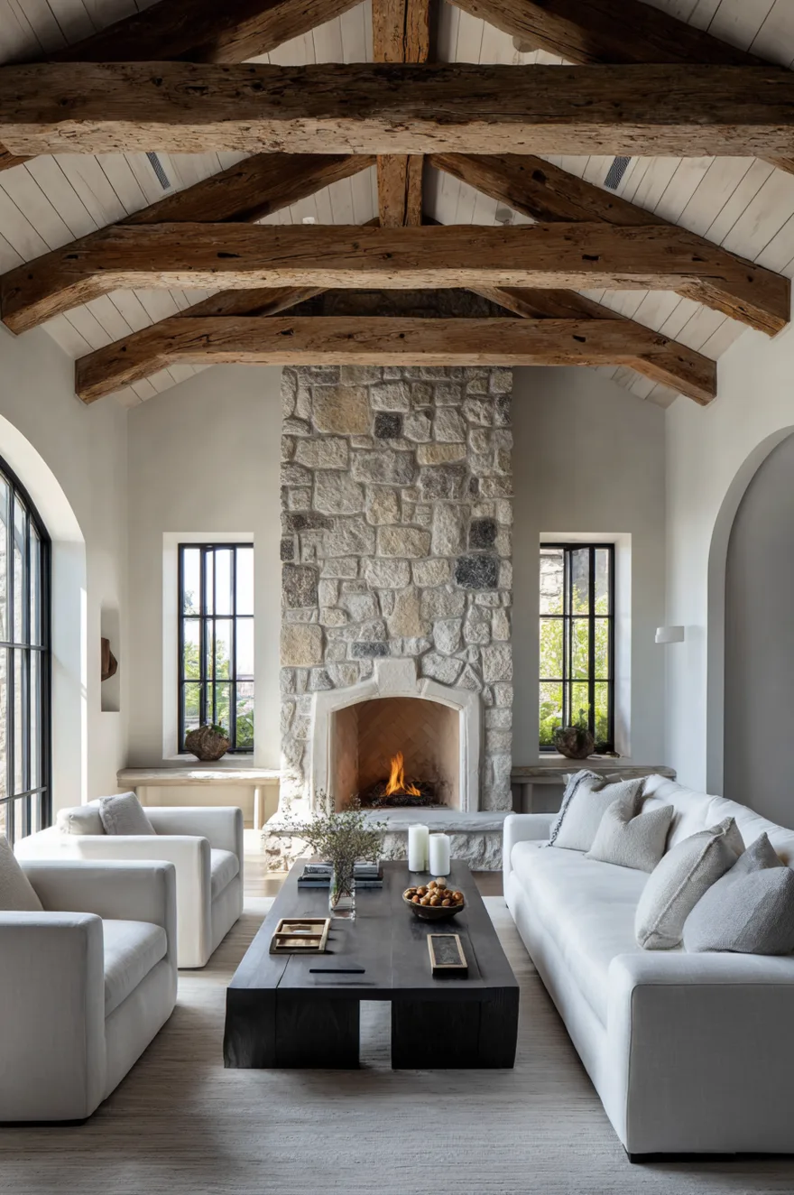 A high-ceilinged living room with a prominent floor-to-ceiling light stone fireplace. The rustic wood ceiling beams contrast with the clean, modern lines of the white block-style sofas and armchairs. A long, dark wood coffee table sits on a neutral rug, creating a minimalist yet warm atmosphere.