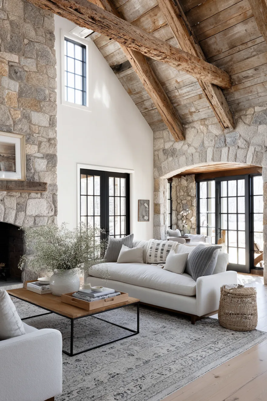A white modern sofa with gray and white textured pillows sits in a room with a large stone fireplace and an arched stone opening. A light wood coffee table holds a glass vase filled with delicate baby's breath. The space is bright and airy, blending contemporary comfort with old-world structural elements.