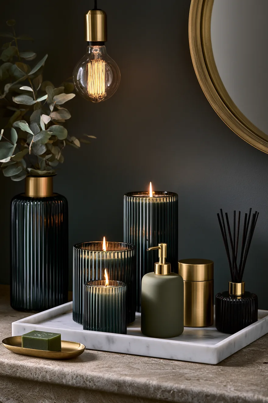 Dark grey wall with a hanging brass pendant light over a white marble tray. The tray holds three lit dark green ribbed glass candles, an olive green soap dispenser with a gold pump, a brass container, and a black reed diffuser next to a vase of eucalyptus.