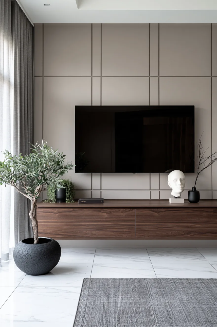 Minimalist accent wall painted in soft greige, featuring a modern grid pattern of slim geometric moulding trim lines. A large flat screen television is mounted flush over a long, wall-mounted dark walnut floating media console with seamless two-drawer fronts. The console is styled with a white minimalist ceramic human face sculpture on a small square plinth, a small black vase with a bare delicate branch, and a trailing green plant in a dark pot. A large black textured round floor planter on the left holds a mature potted tree, resting on white marble-look floor tiles with a grey wool area rug.