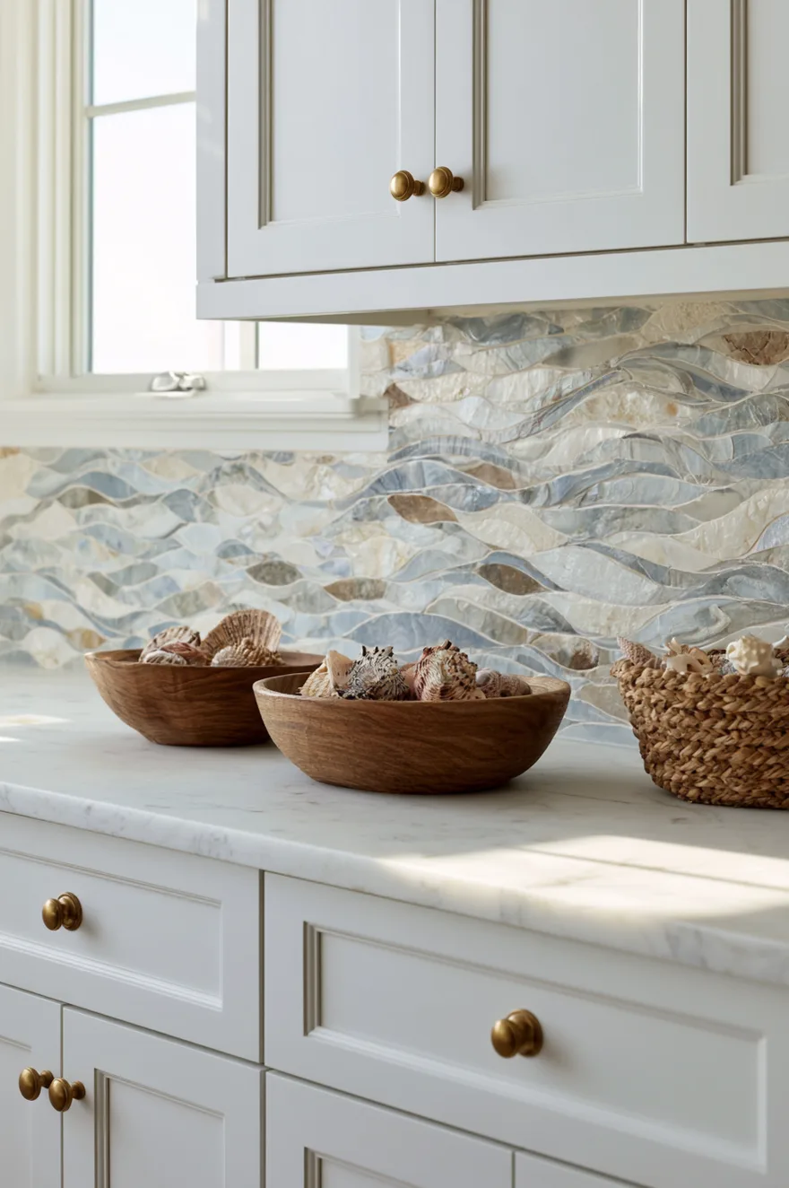 Custom mosaic tile backsplash with flowing wave pattern in soft blue, white, and tan tones above a white marble countertop with white shaker cabinets.
