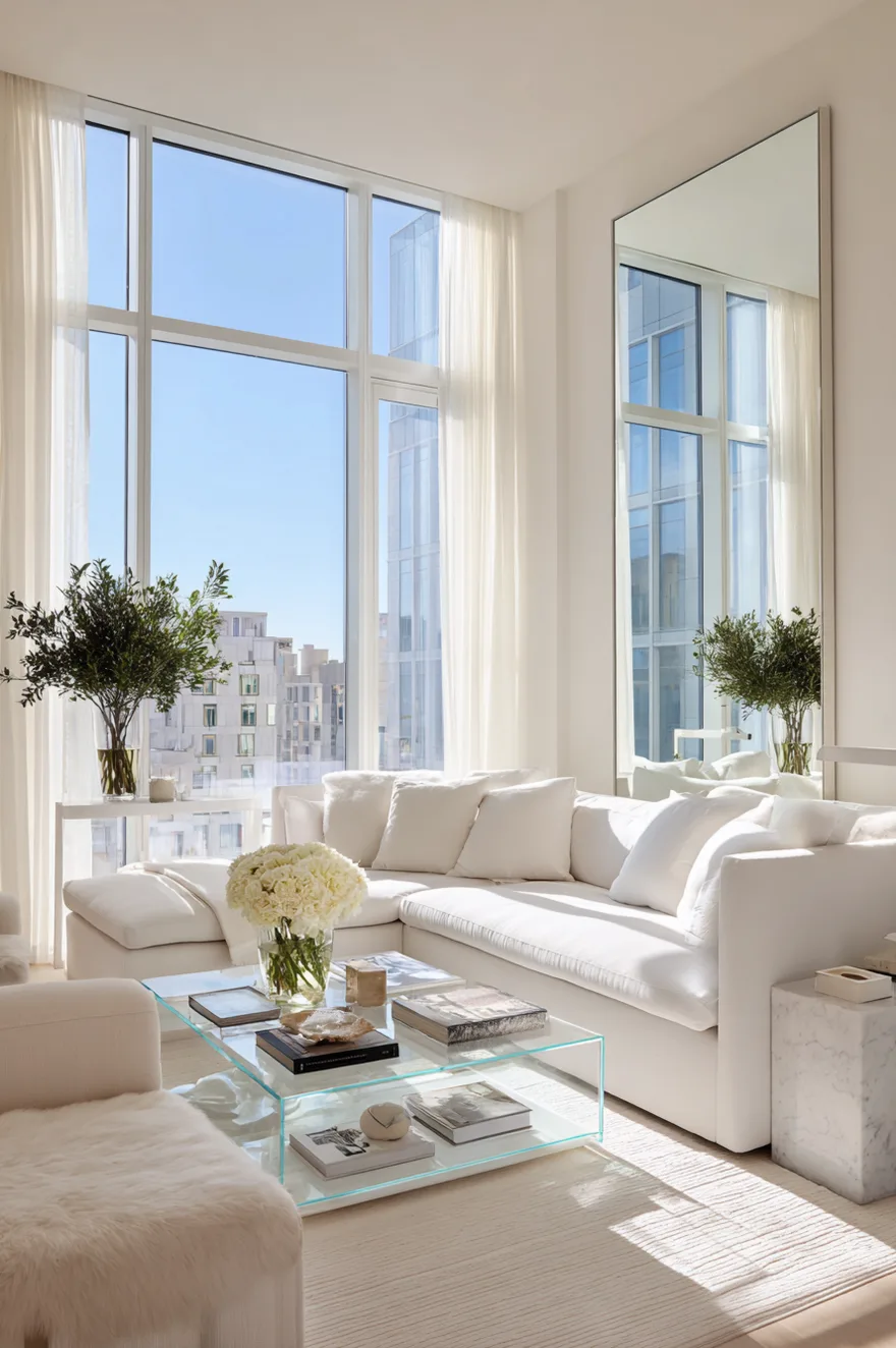 Sun-drenched white living room with floor-to-ceiling windows and a large floor mirror reflecting light.